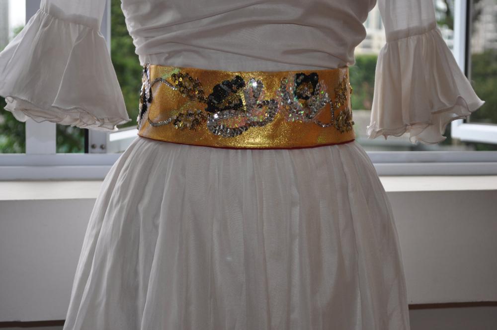 Sequin & Bead Sash - Silver Roses on Japan-Manufactured Gold Cloth Tied with Translucent Organza Ribbons